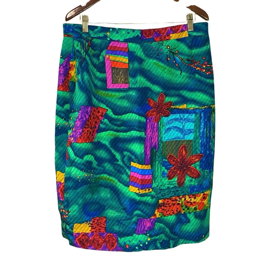 Vintage Louis Féraud Art Print Wool Silk Skirt 90s Abstract Floral Germany 14